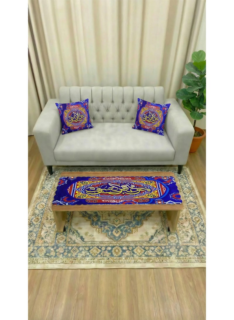 Ramadan Decoration Set - Table Runner (140x43 cm) & Cushion Covers (43x43 cm) - Festive Lantern Design with Arabic Calligraphy - Elegant Home Decor for Living Room & Iftar Gatherings - Image 1